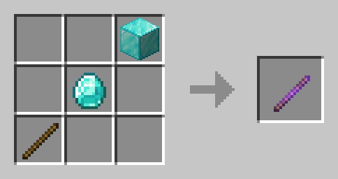 Изображение крафта палки отладки: обычная палка в левом нижнем слоте, алмаз по центру, алмазный блок в правом верхнем слоте.