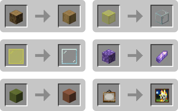 Изображение примеров крафта: Дубовая древесина становится обтёсанной дубовой древесиной; Жёлтое стекло становится неокрашенным стеклом; Жёлтое панельное стекло становится обычным стеклом; Аметистовый блок становится осколком аметиста; Зелёная керамика становится терракотой.