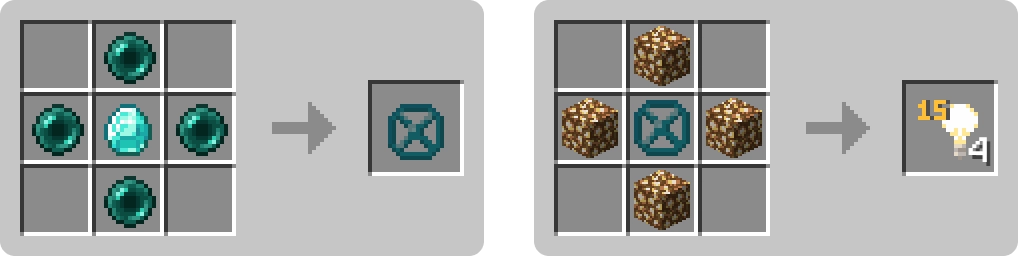 Изображение крафта промежуточного предмета и блока света: для крафта промежуточного предмета используют алмаз, расположенный в центре сетки и 4 алмаза, выложенные по бокам алмаза; для крафта блока света, используется промежуточный предмет по центру сетки и 4 светокамня, выложенные по бокам промежуточного предмета.